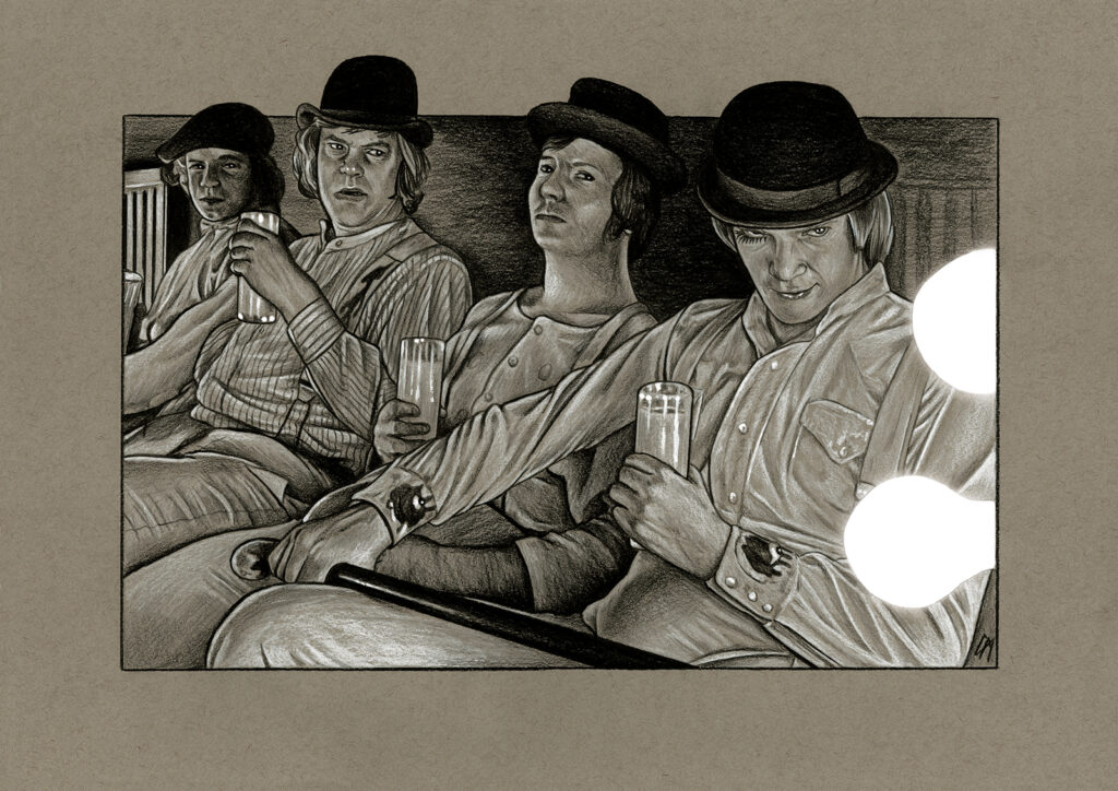 Film sketch of a scene from 'A Clockwork Orange'. Medium: Prismacolor and Faber Castell Polychromos pencils on coloured paper. Prints available to buy at www.etsy.com/uk/shop/CraigMackayDesign. By Craig Mackay.