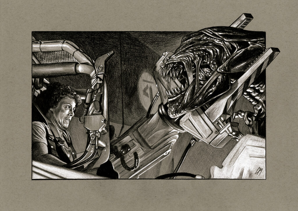 Film sketch of a scene from 'Aliens'. Medium: Prismacolor and Faber Castell Polychromos pencils on coloured paper. Prints available to buy at www.etsy.com/uk/shop/CraigMackayDesign. By Craig Mackay.