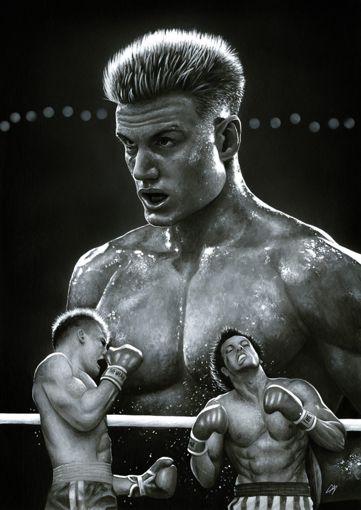 Portrait of Ivan Drago (Dolph Lundgren) from the movie 'Rocky IV'. This was signed by Dolph and sold off at 'For The Love Of Sci-Fi'. Medium: Acrylic paints on art board. Prints available to buy at www.etsy.com/uk/shop/CraigMackayDesign. By Craig Mackay.