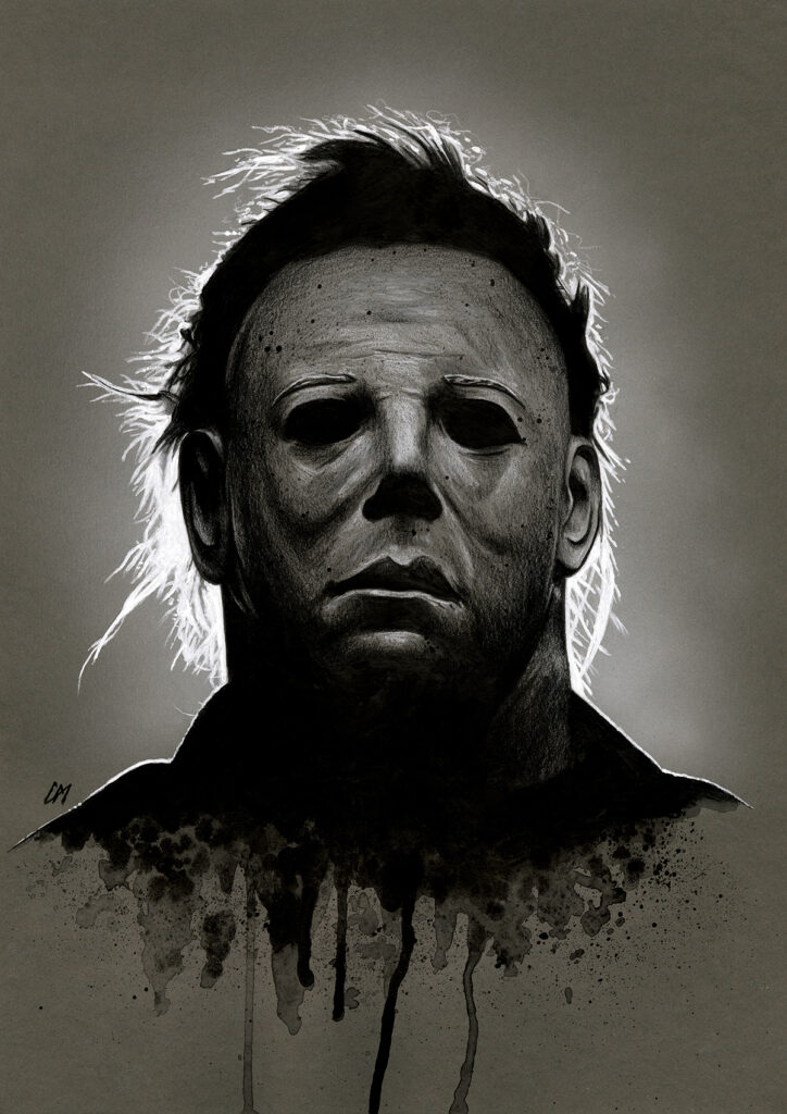 Michael Myers portrait from the film (Halloween). Medium: Prismacolor and Faber Castell Polychromos pencils on coloured paper and acrylic paints. Prints available to buy at www.etsy.com/uk/shop/CraigMackayDesign. By Craig Mackay.