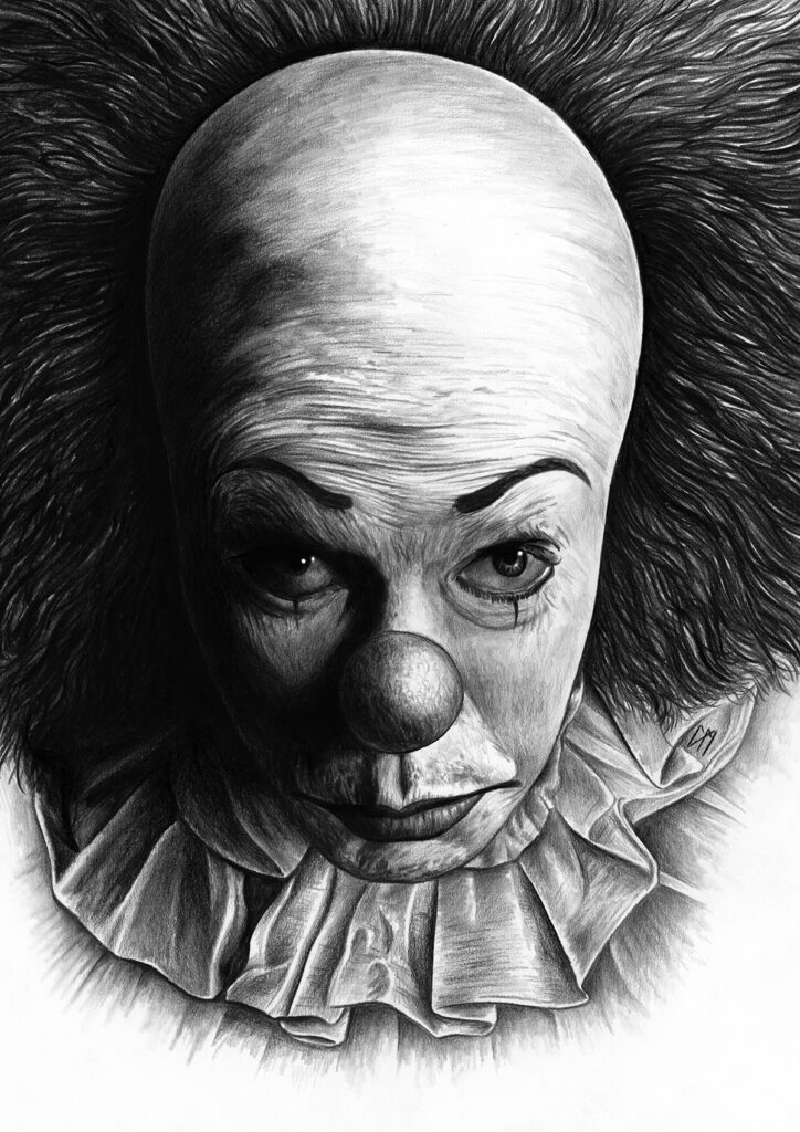 Pennywise from 'IT'. Medium: Prismacolor and Faber Castell Polychromos pencils on coloured paper. Prints available to buy at www.etsy.com/uk/shop/CraigMackayDesign. By Craig Mackay.