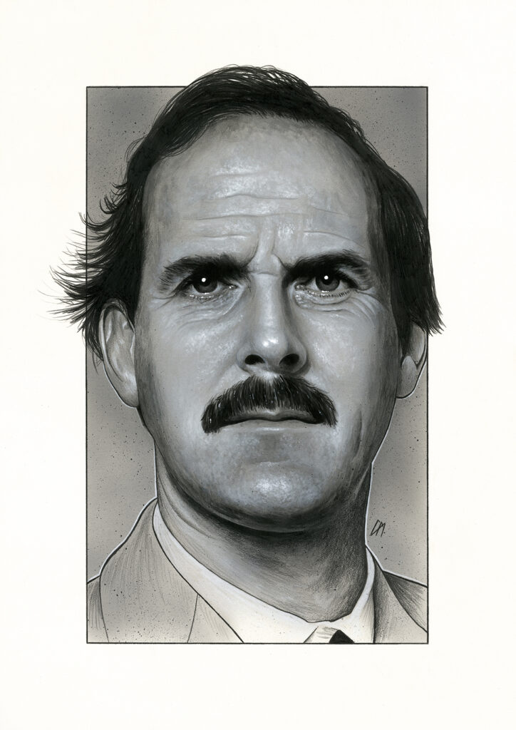 Portrait of John Cleese, signed and sold by Monopoly Events. Medium: Acrylic paints on art board. Prints available to buy at www.etsy.com/uk/shop/CraigMackayDesign. By Craig Mackay.