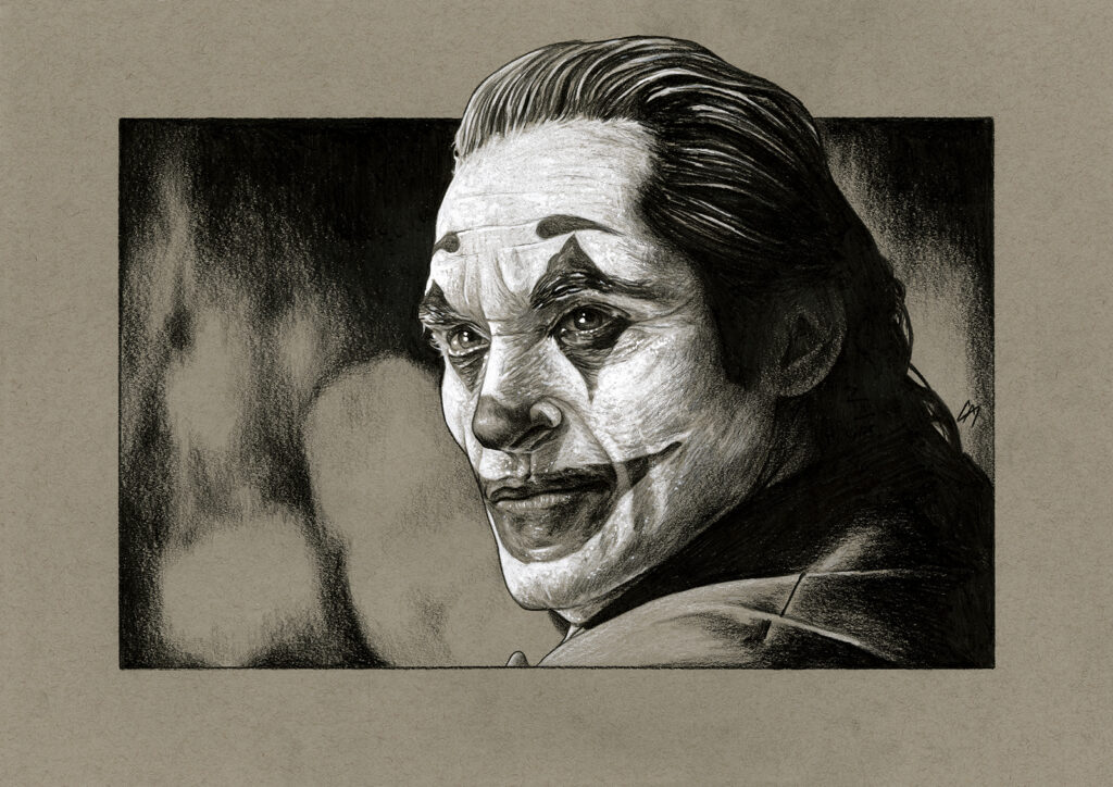 Film sketch of a scene from 'Joker'. Medium: Prismacolor and Faber Castell Polychromos pencils on coloured paper. Prints available to buy at www.etsy.com/uk/shop/CraigMackayDesign. By Craig Mackay.