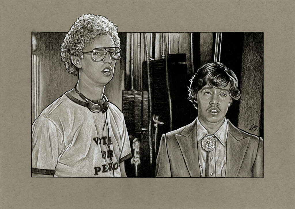 Film sketch of a scene from 'Napoleon Dynamite'. Medium: Prismacolor and Faber Castell Polychromos pencils on coloured paper. Prints available to buy at www.etsy.com/uk/shop/CraigMackayDesign. By Craig Mackay.
