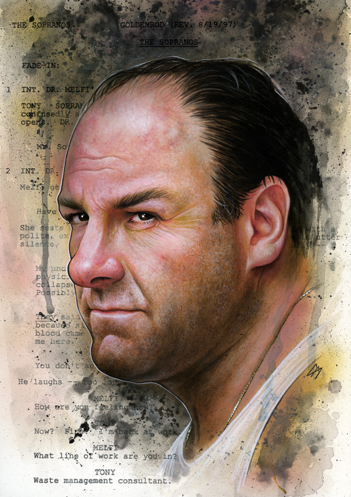 Tony Soprano painted portrait from the TV show The Sopranos. Medium: Acrylic paints on art board. Prints available to buy at www.etsy.com/uk/shop/CraigMackayDesign. By Craig Mackay.