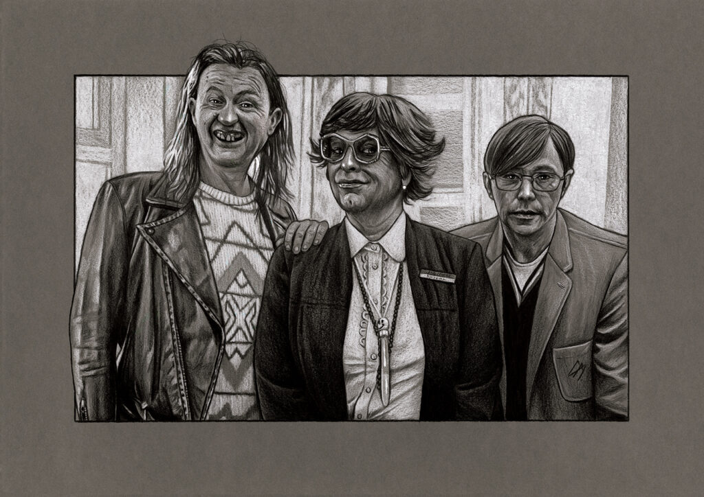 Sketch of a scene from 'The League Of Gentlemen'. Medium: Prismacolor and Faber Castell Polychromos pencils on coloured paper. Prints available to buy at www.etsy.com/uk/shop/CraigMackayDesign. By Craig Mackay.