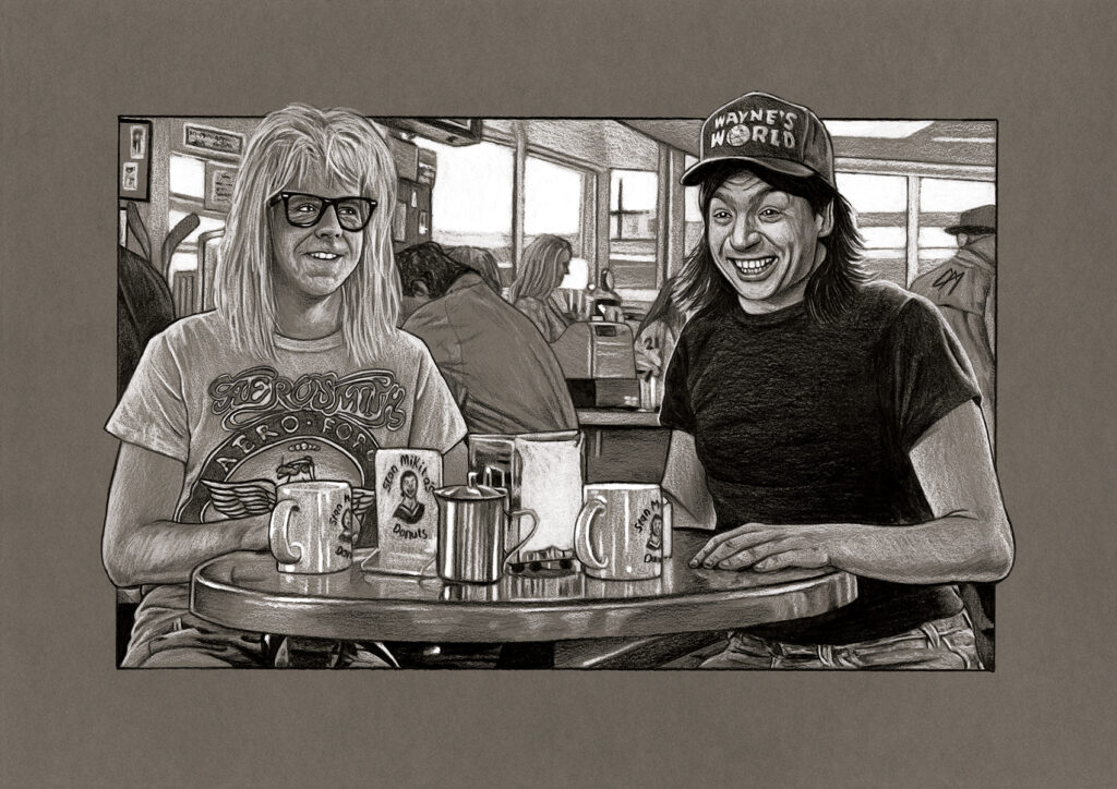 Film sketch of a scene from 'Wayne's World'. Medium: Prismacolor and Faber Castell Polychromos pencils on coloured paper. Prints available to buy at www.etsy.com/uk/shop/CraigMackayDesign. By Craig Mackay.